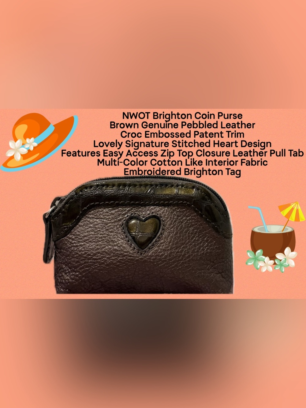 Brighton NWOT Brown Quality Pebbled Leather Coin Purse Signature Stitched Heart
